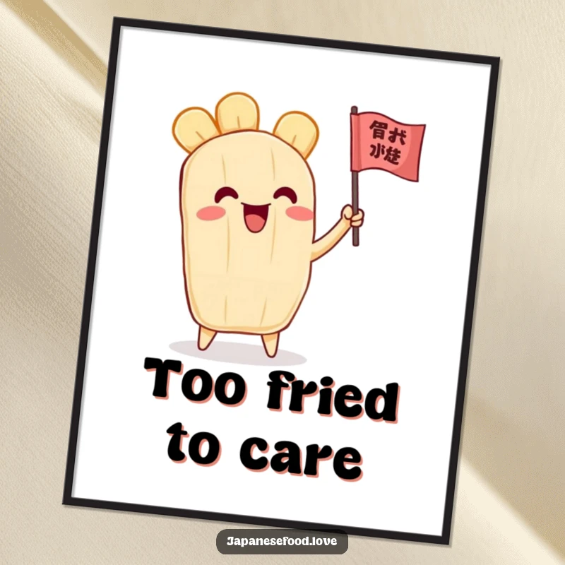 Funny digital art print of an ecstatic tempura character waving a small flag, ideal for vibrant and humorous wall decor.