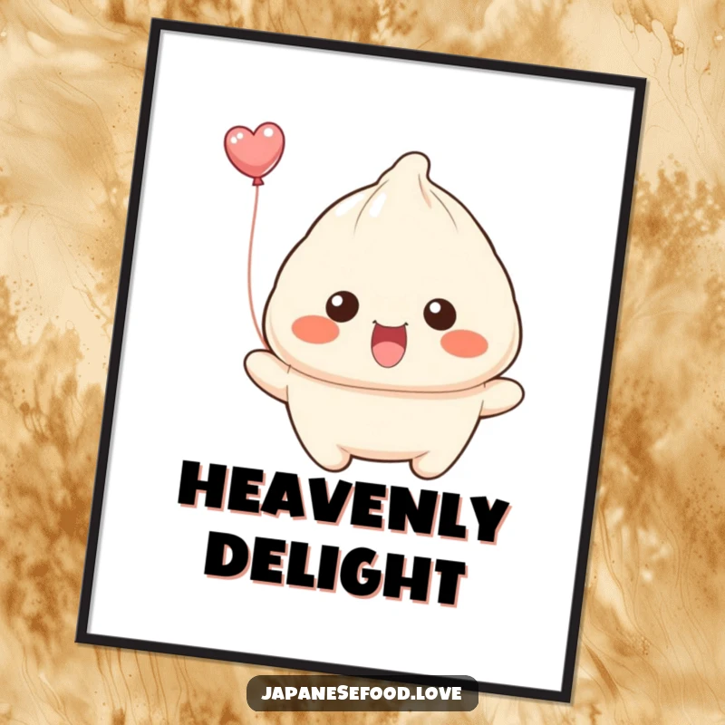 Funny dumpling with wide smile attempting to float away like a balloon on a digital art print, whimsical and humorous.