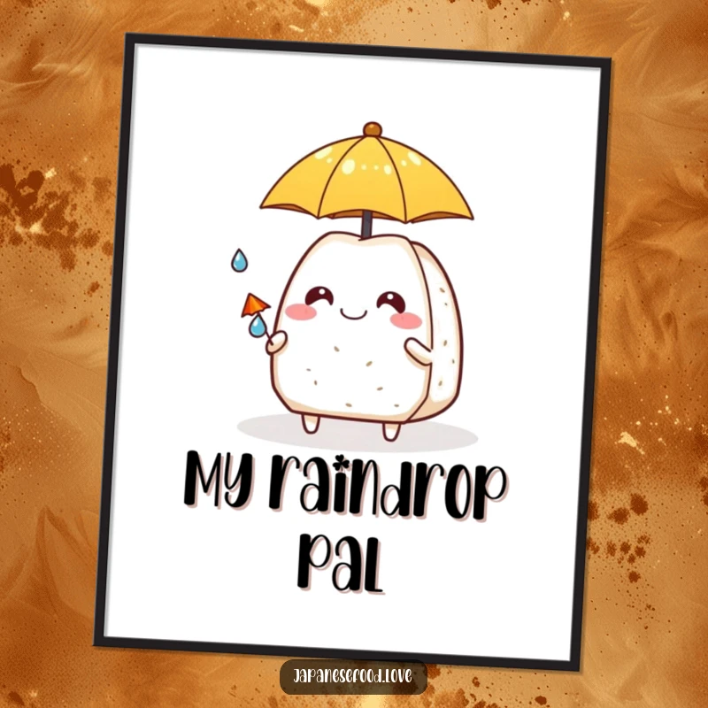 Funny grinning onigiri character holding a tiny umbrella over a small raindrop, digital art print for instant decor.
