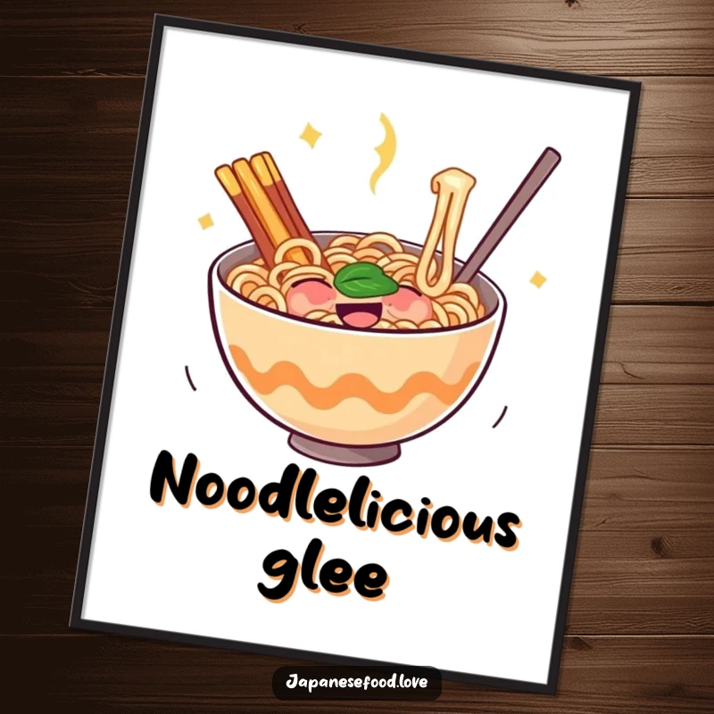 Funny digital art print of a bouncing bowl of ramen noodles filled with glee, creating instant comfort and cheerful vibes.