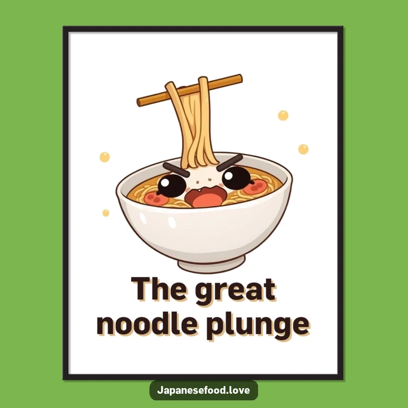 Funny Ramen Dive Digital Art: Cute Bowl's Determined Dive for Instant Humor
