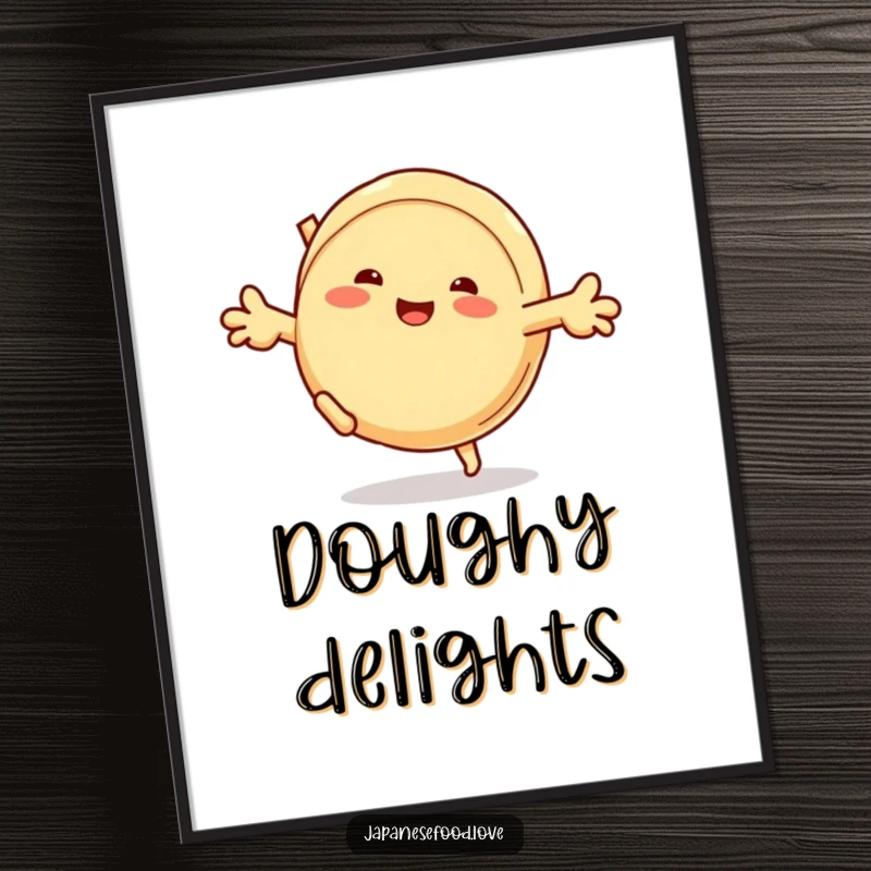 Funny digital art print of a grinning steamed bun character joyfully performing a cartwheel, radiating pure doughy humor.