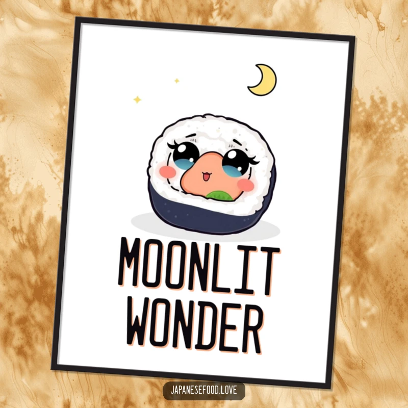 Funny digital art print of a sushi roll with wide, wonder-filled eyes looking up at a beautiful moon, evoking a sense of magical awe.