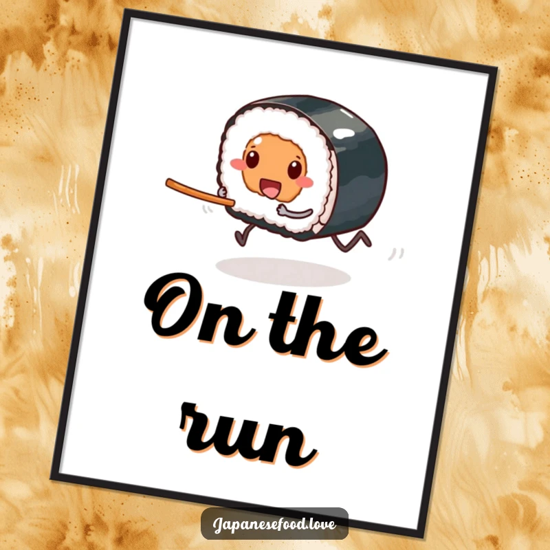 Funny digital art of a sushi piece with tiny legs comically racing towards a chopstick, capturing a moment of pure culinary excitement. Instantly downloadable.