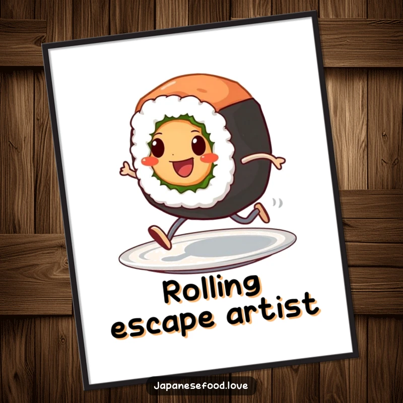 Funny digital art print of a cheerful sushi roll character with tiny legs, sprinting across a plate, adding food humor.