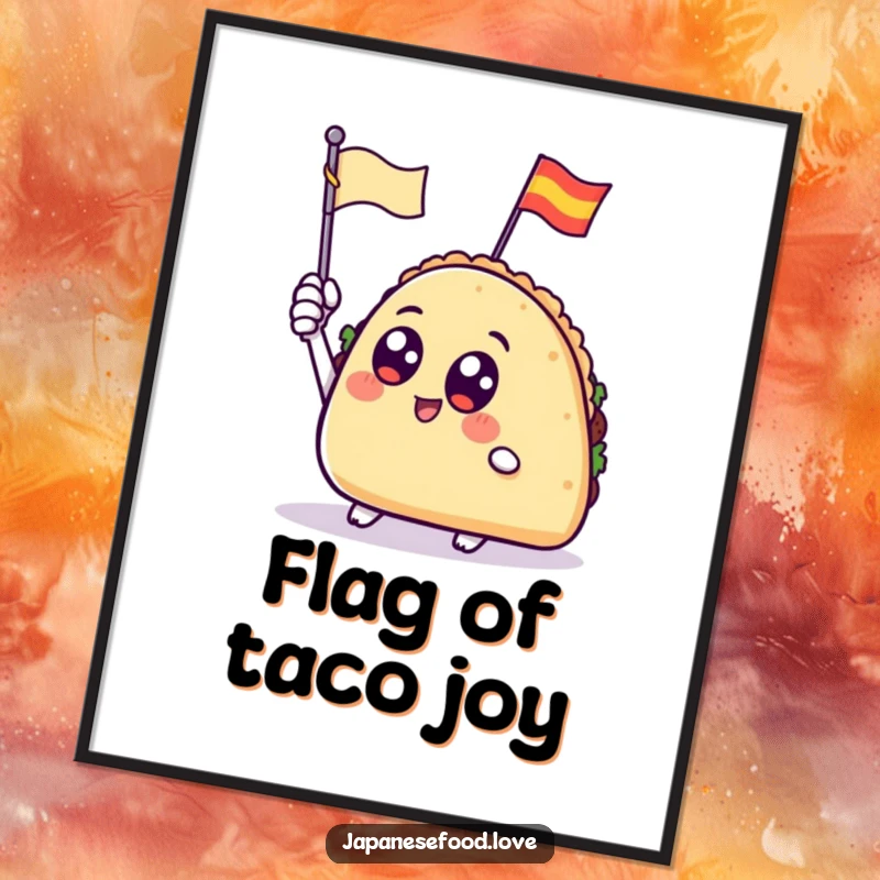Funny illustration of a taco with big eyes enthusiastically waving a tiny flag, digital art for instant decor.