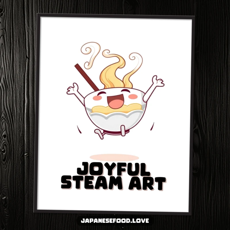 Funny illustration of an excited ramen bowl with swirling steam in a joyful leap, digital art for instant decor.