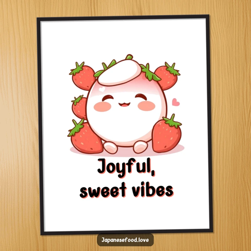 Funny Digital Art Print of a blushing strawberry mochi character with rosy cheeks, caught in a moment of delightful giggling.