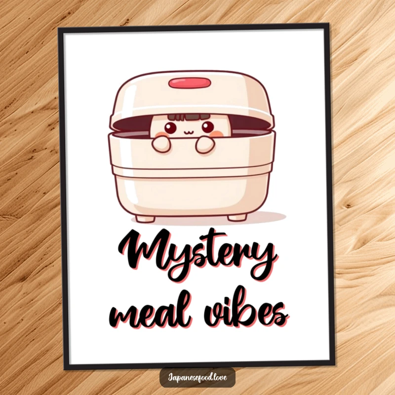 Funny cheerful bento box with lid ajar, peeking curiously on a digital art print, whimsical food illustration.