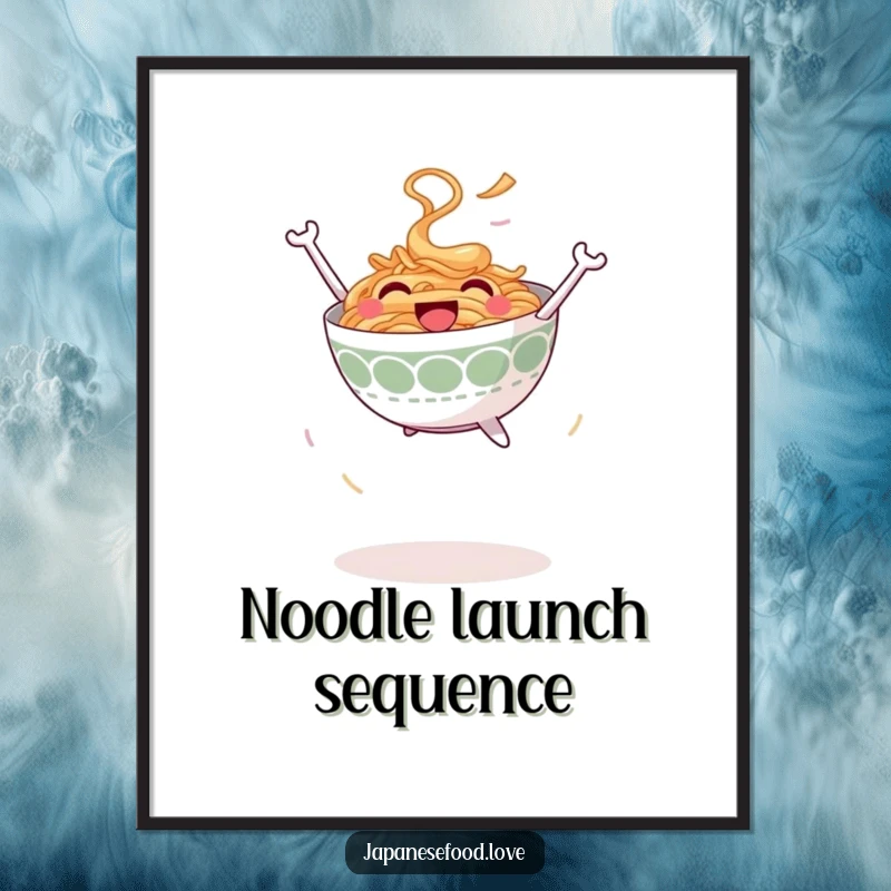 Funny Jumping Ramen Bowl Digital Art: Smiling ramen bowl leaping joyfully into the air, instant download, noodle humor, funny gift.