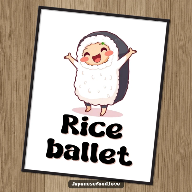 Funny digital art print of a plump, smiling sushi roll doing a clumsy pirouette, adding whimsical decor.