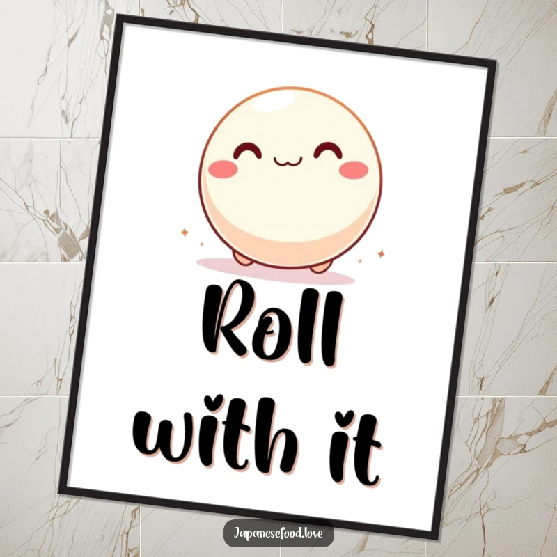 Funny digital art print of a giddy mochi ball joyfully rolling across a surface, embodying pure delight and happiness.
