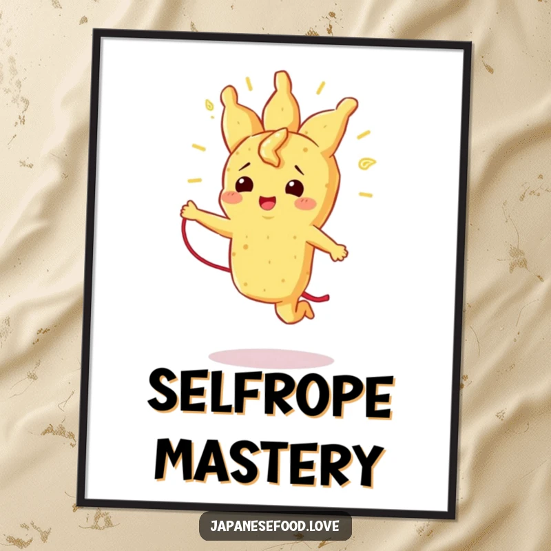 Funny digital art print of a radiant tempura piece happily jumping rope with its strand, embodying active fun and energy.