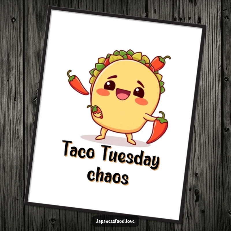 Funny digital art print of a smiling taco awkwardly juggling three chili peppers, a humorous and colorful food-themed artwork.