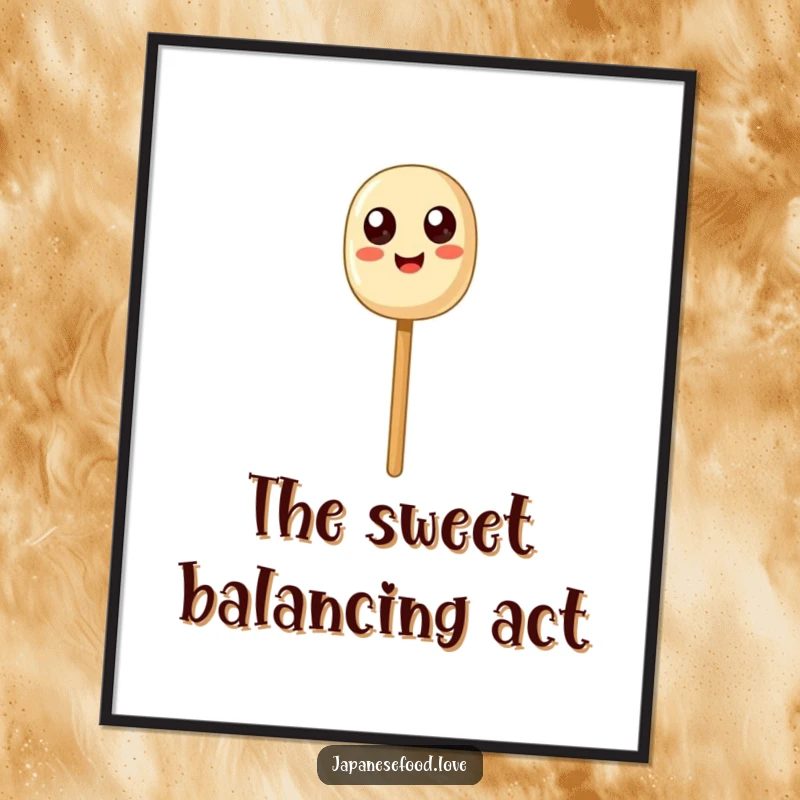 Funny Dango Balance Digital Art Print: A happy dango skewer with exaggerated eyes humorously balancing on a chopstick.