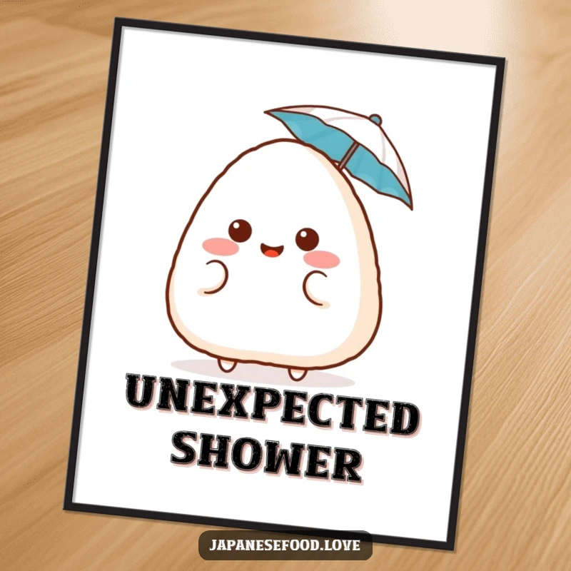 Funny surprised onigiri digital art print, featuring a blushing rice ball with a tiny umbrella, capturing cute surprise and humor for instant display, a funny gift.