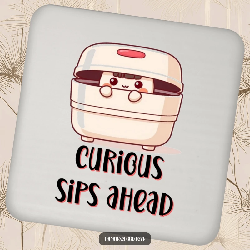 Funny cheerful bento box with lid slightly ajar, peeking curiously on a drink coaster, a charming table accessory.