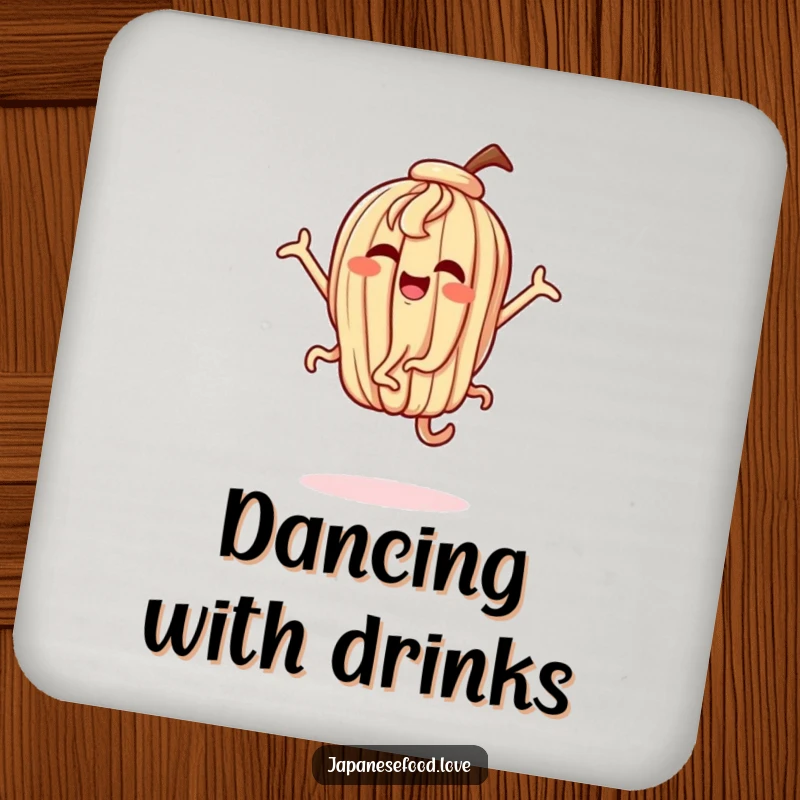 Funny coaster with a dancing udon noodle character in exaggerated, happy poses, protecting surfaces with humor.