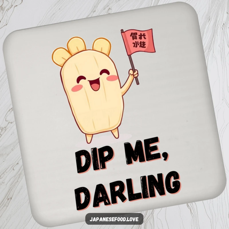 Funny drink coaster showcasing an excited tempura character waving a tiny flag, protecting furniture with a smile.