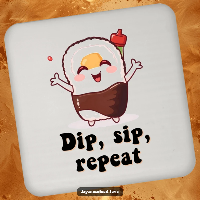 Funny drink coaster showcasing a happy sushi roll hugging a smiling soy sauce bottle, protecting surfaces with foodie humor.