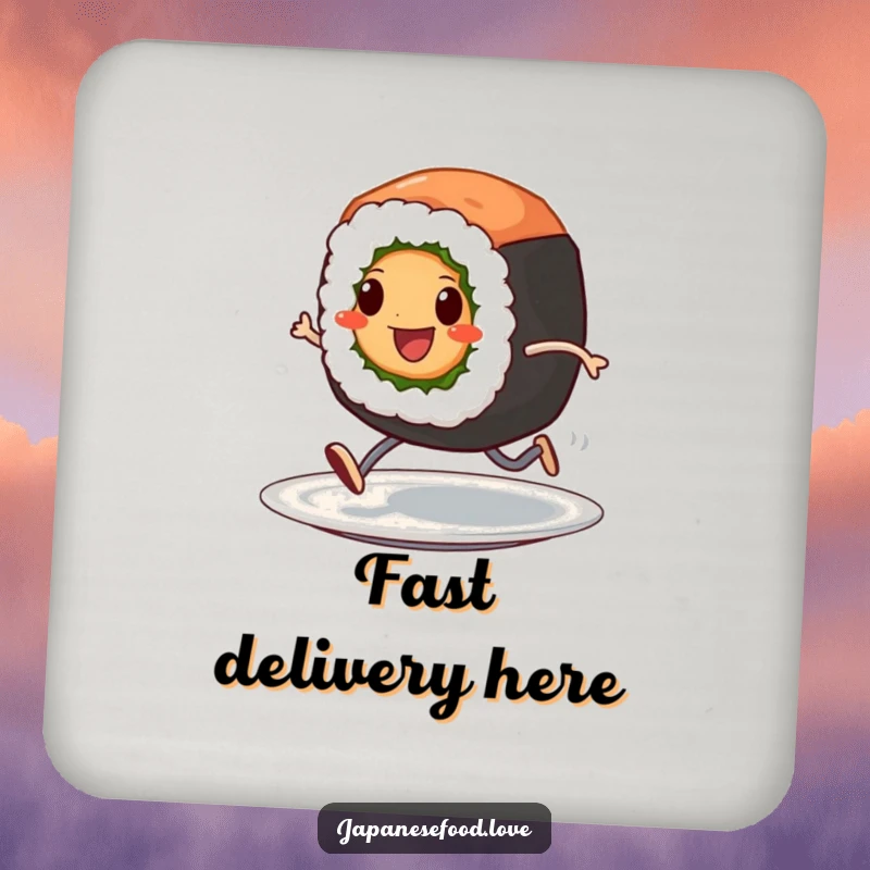 Funny drink coaster featuring a cheerful sushi roll character with tiny legs, sprinting across a plate, a humorous accessory.
