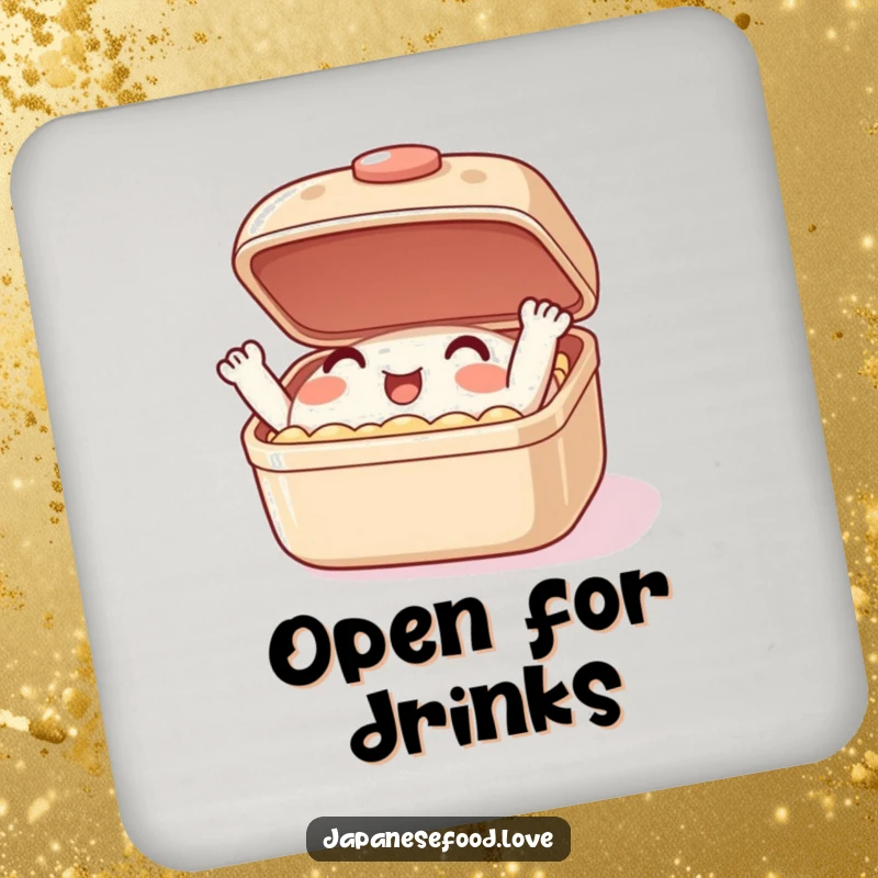 Funny coaster showing a happy bento box character enthusiastically opening and closing its lid, guarding beverages with joy.