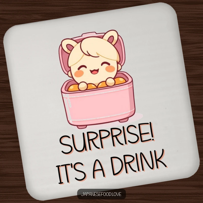 Funny drink coaster featuring a smiling bento box character popping out of its lid with surprise, adding humor to drinks.