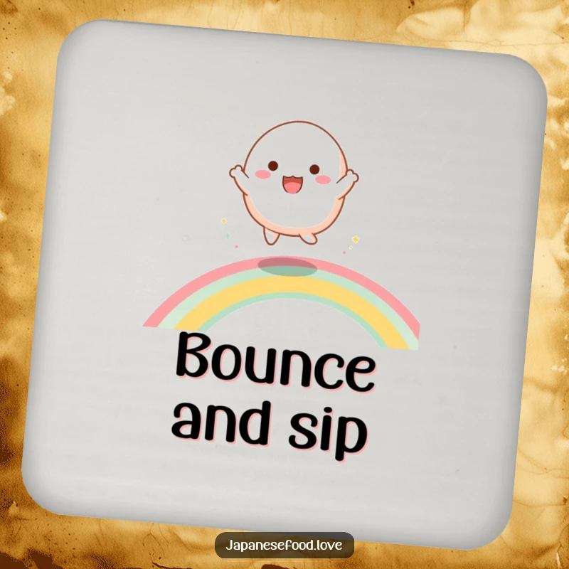 Funny coaster featuring a happy mochi character energetically dancing and bouncing on a rainbow, guarding drinks with charm.