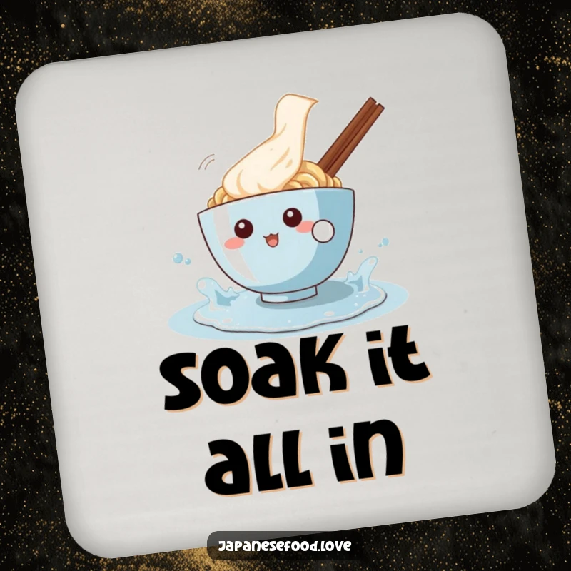 Funny drink coaster showcasing a happy ramen bowl character playfully splashing in a puddle, protecting furniture with cheer.