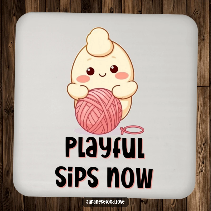 Funny drink coaster with a cartoon dumpling character smiling while bouncing a ball of yarn, adding cozy decor.