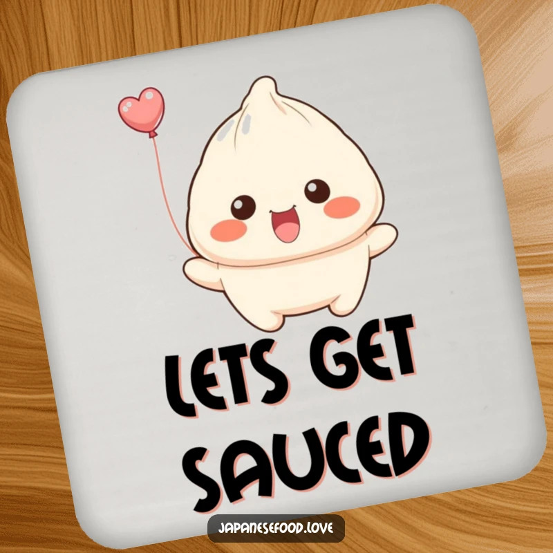 Funny dumpling with wide smile attempting to float away like a balloon on a drink coaster, a charming and humorous table accessory.