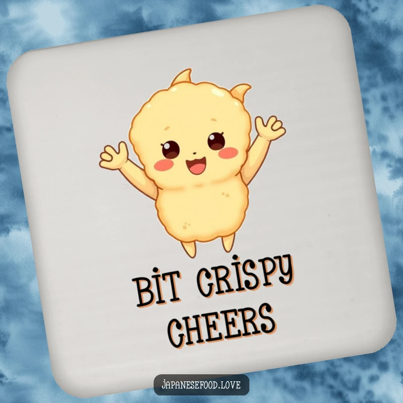 Funny drink coaster with a happy tempura piece with little arms waving enthusiastically, a humorous and cheerful food illustration, ideal for a funny gift.