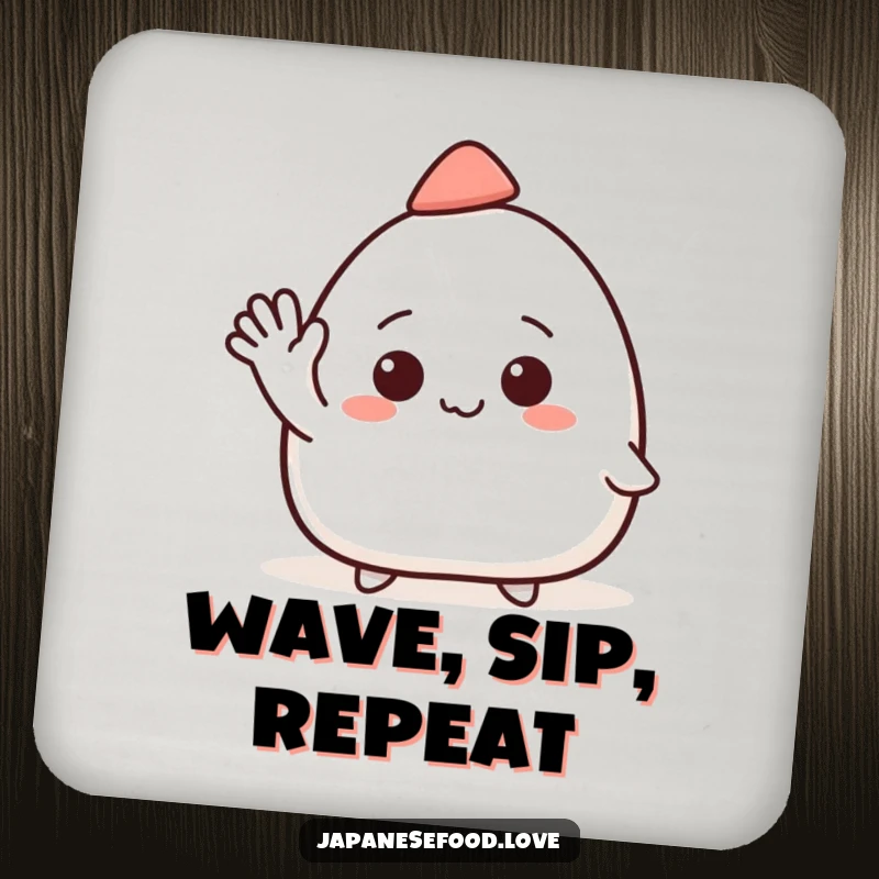 Funny drink coaster with a smiling onigiri character in a tiny hat waving enthusiastically, adding a friendly touch.
