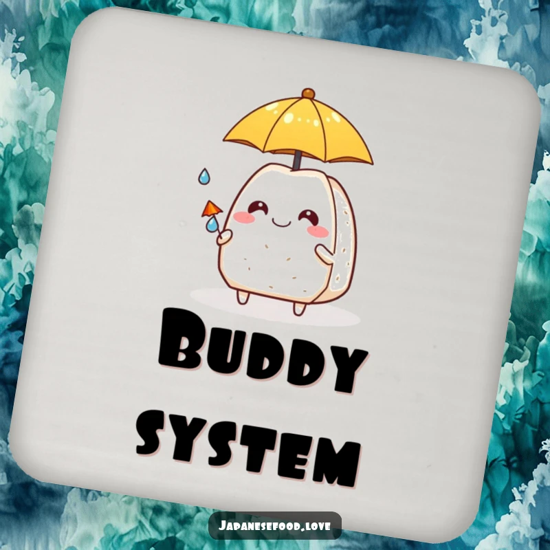 Funny onigiri offering a tiny umbrella to a raindrop, a cute and funny protective drink coaster.