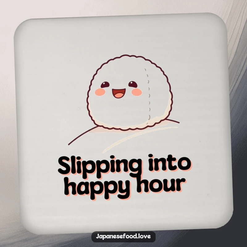 Funny drink coaster featuring a grinning onigiri rice ball sliding down a gentle slope, adding humor to drinks.