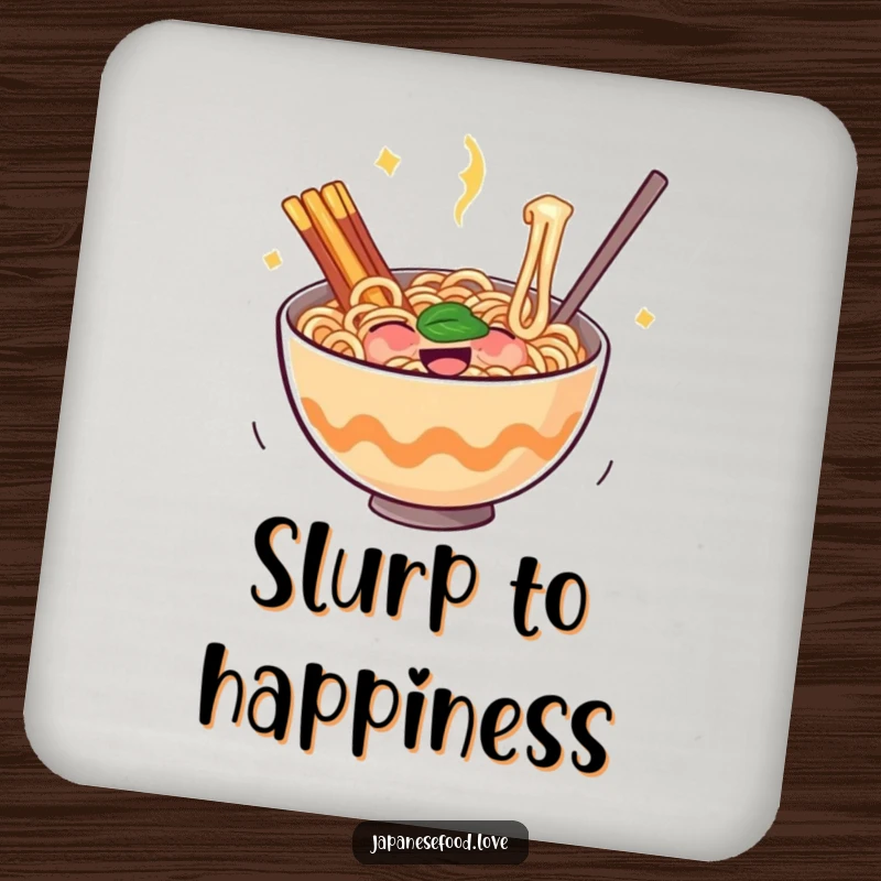 Funny set of 4 ramen coasters featuring a bouncing bowl of noodles filled with glee, protecting surfaces with cheerful comfort.