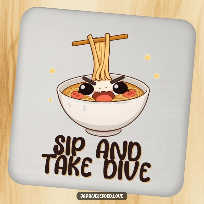 Funny Ramen Dive Coaster: A cute ramen bowl humorously attempting a dive, protecting surfaces with style.