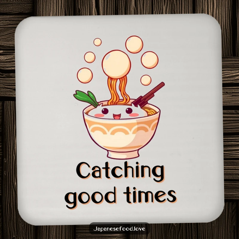 Funny coaster with a ramen bowl character catching dango balls, adding playful humor to any surface.