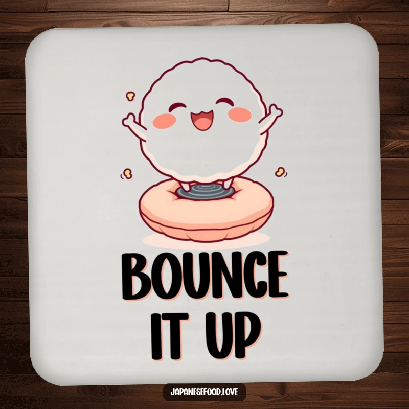 Funny drink coaster showcasing a smiling rice ball character bouncing joyfully on a springy cushion, adding a cheerful touch to any surface.