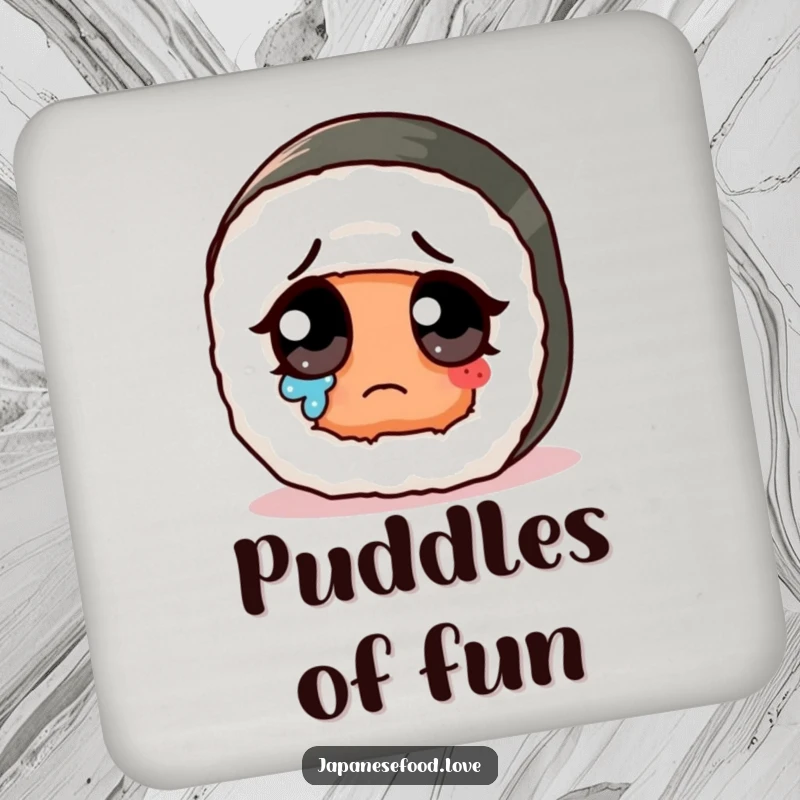 Funny sad cute sushi roll with giant eye wiping a tear on a drink coaster, a charming and humorous table accessory.
