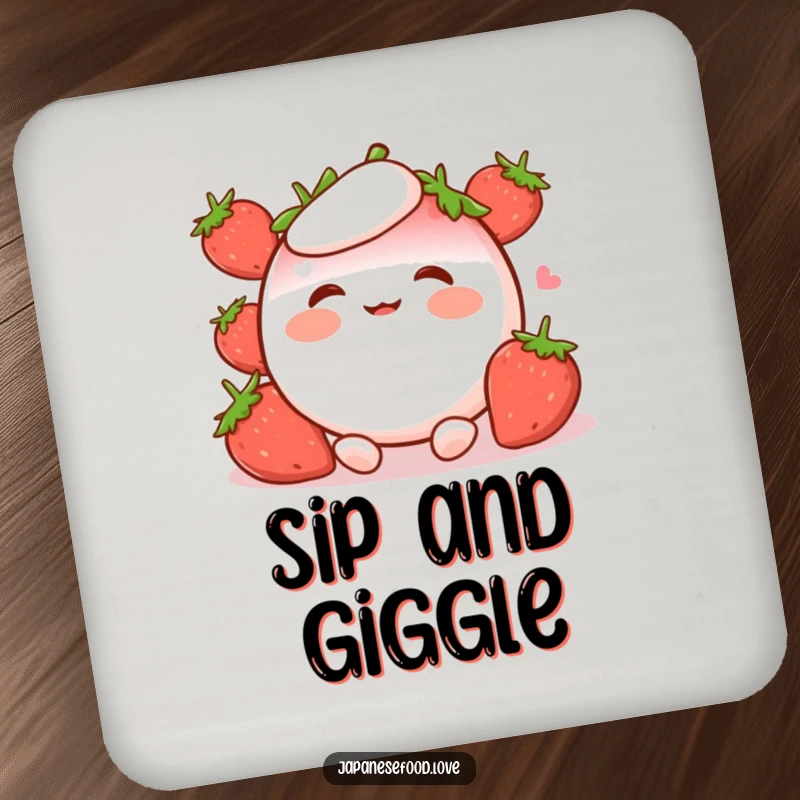 Funny Drink Coaster with a sweet strawberry mochi character, rosy cheeks and a joyful giggle, protecting surfaces with style.