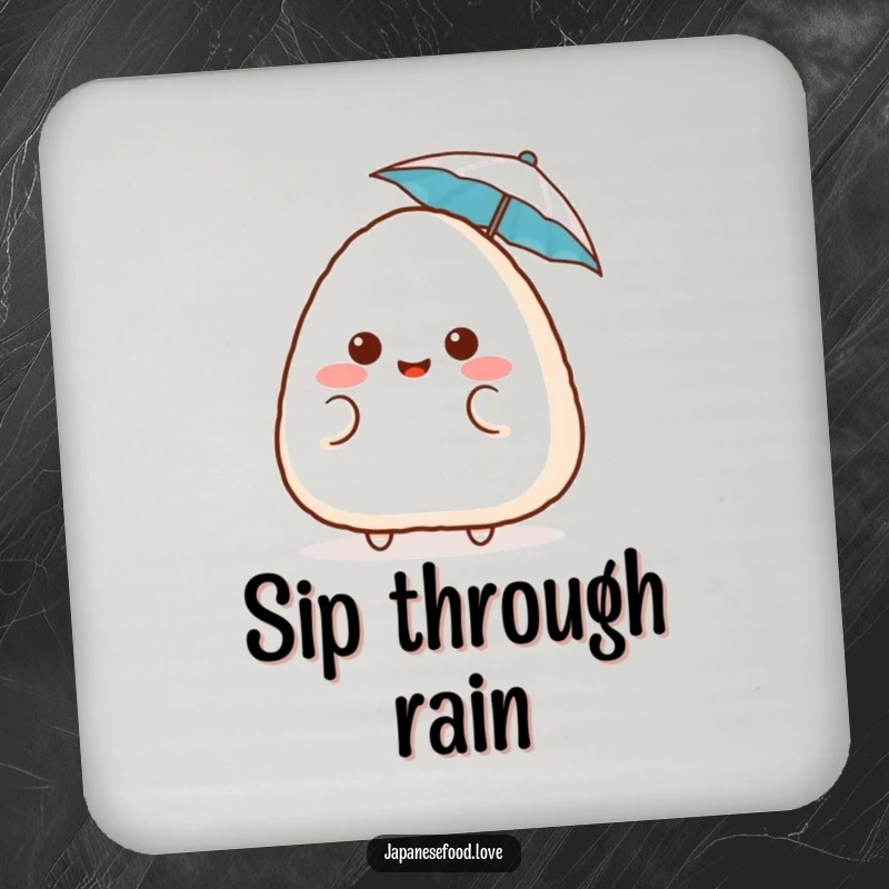 Funny surprised onigiri coasters, showing a blushing rice ball with a tiny umbrella, protecting surfaces with cute humor, a charming and funny gift.