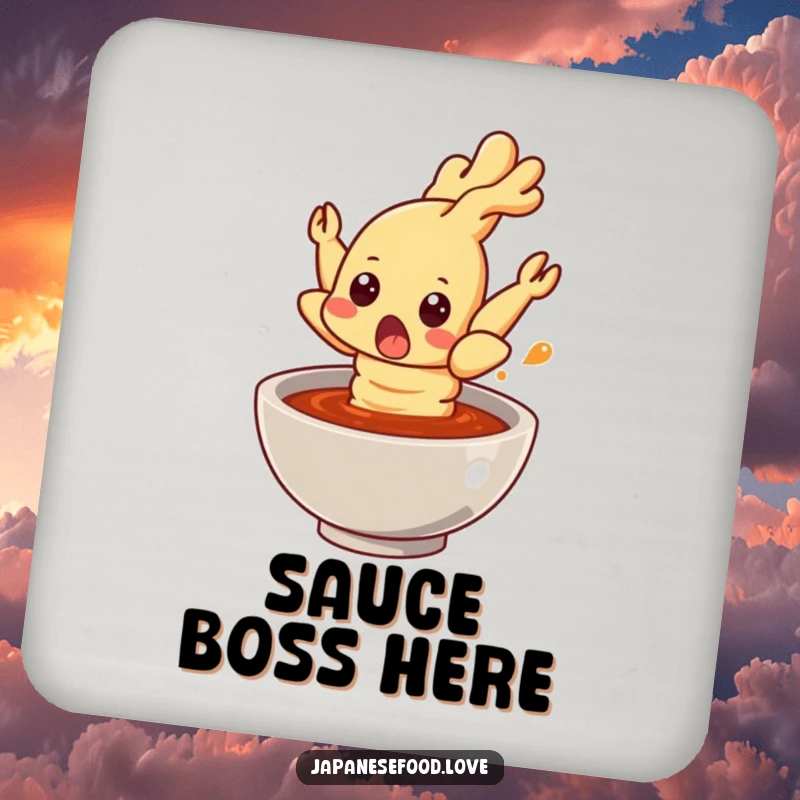 Funny tempura shrimp coasters, a surprised shrimp mid-jump from a sauce bowl, humorous drink coasters for protecting surfaces.