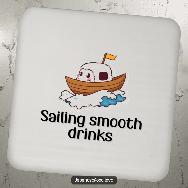 Funny drink coaster with a sushi boat character gleefully sailing on a foamy wave, adding a touch of maritime whimsy.