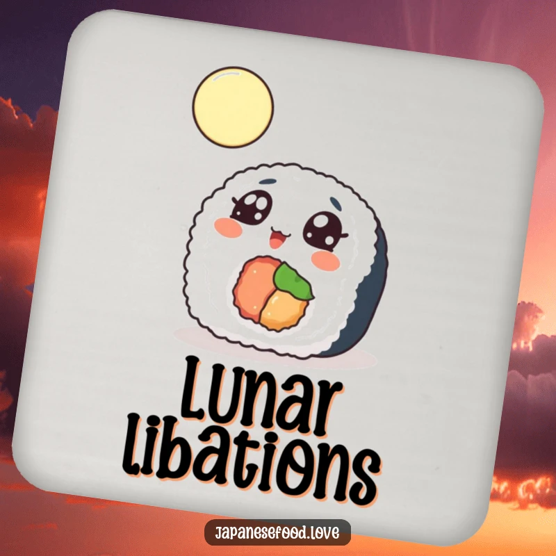 Funny Drink Coaster with a sushi roll looking up at the moon, adding a charmingly humorous and cosmic touch to surfaces.