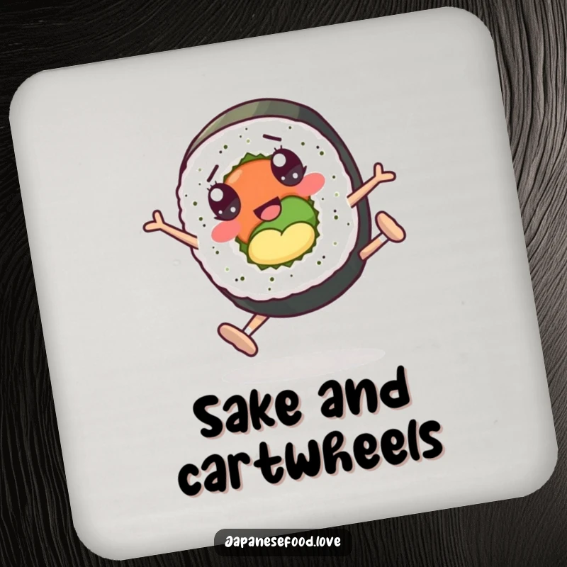 Funny drink coaster with a cartoon sushi roll character with googly eyes performing cartwheels, adding playful decor.