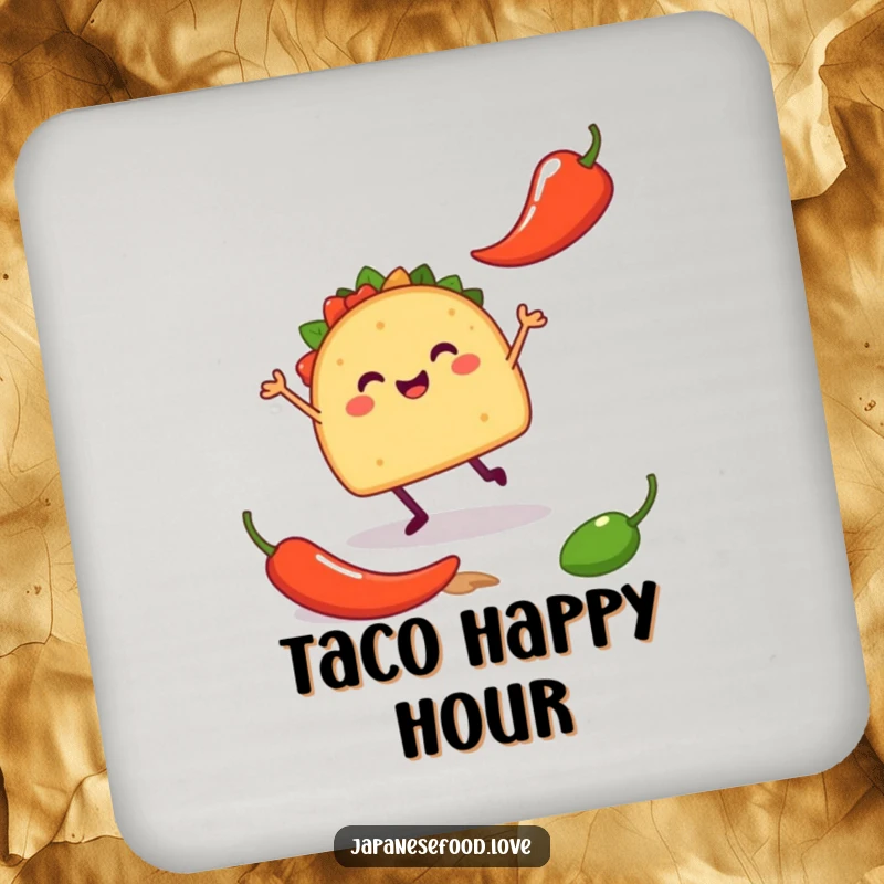 Funny drink coaster with a happy taco on tiny legs doing a silly jig near a chili pepper, offering surface protection.
