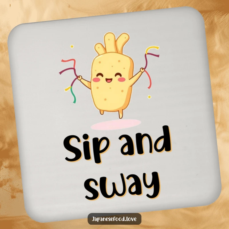 Funny Tempura Coaster: Happy fried food dancing with streamers on a coaster, protecting furniture with humorous celebration.
