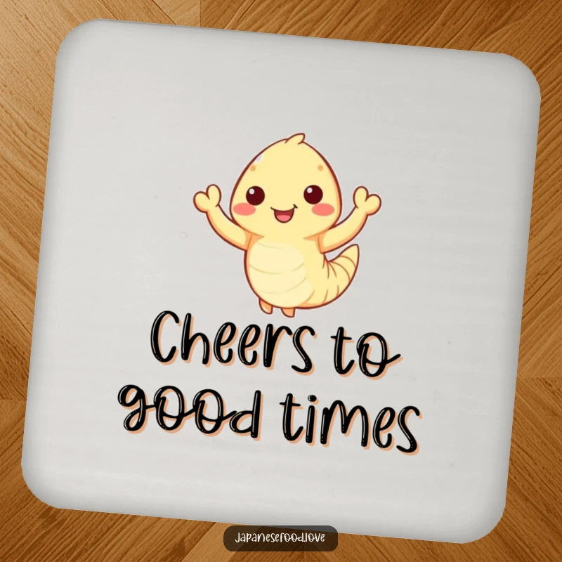 Funny Waving Tempura Shrimp Coaster: Happy tempura shrimp with tiny arms waves enthusiastically, drink protection, seafood humor, funny gift.