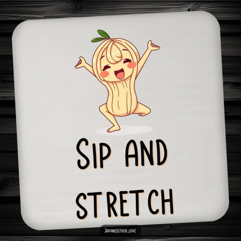 Funny wobbly ramen noodle coasters, a character in a flexible yoga pose, humorous coasters for protecting surfaces with a calm vibe.
